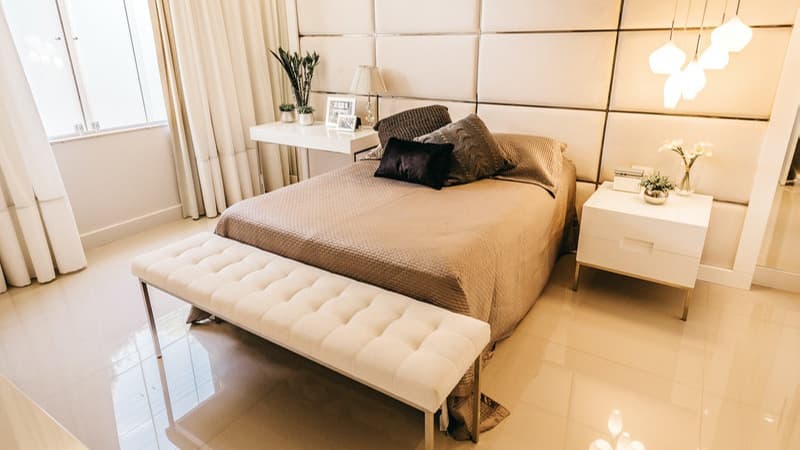 Modern bedroom with large aluminium window systems